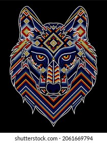 vector illustration of colorful beaded wolf head inspired in mexican huichol art. Isolated on black background.