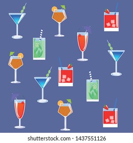 Vector illustration. Colorful, beautiful pattern with different kinds of cocktails. Blue background. 