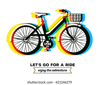 Vector illustration of colorful bicycle with basket, text let's go for a ride, enjoy the adventure on white background. Bike adventure concept. Line art flat design of female bicycle, riding, cycling