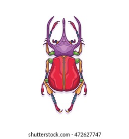 Vector Illustration of Colorful Big Horn Beetle Bug Insect Hand Drawn, Chalcosoma Atlas
