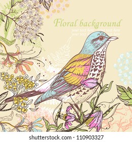 vector illustration of a colorful bird and blooming summer flowers