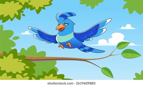 vector illustration of a colorful bird drawn in cartoon style perching on a branch of a tree in nature.