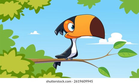 vector illustration of a colorful bird made in cartoon style resting on a tree branch in nature.