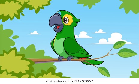 vector illustration of a colorful bird made in cartoon style resting on a tree branch in nature.