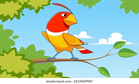 vector illustration of a colorful bird made in cartoon style resting on a tree branch in nature.