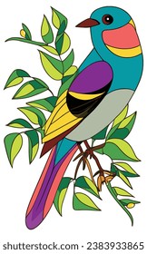 Vektorgrafik eines bunten Vogels auf einem Baumzweig mit Blättern