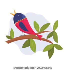 Vector illustration, colorful bird singing on the branch. Flat style illustration for commercial designs, banners, prints, advertising, nature protection company. Flat design with texture
