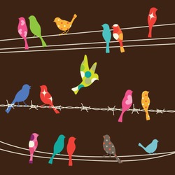 Vector Illustration Of Colorful Birds On Wires.