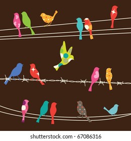 Vector illustration of colorful birds on wires.