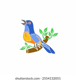 Vector illustration of colorful birds singing on a tree branch. Bright blue and orange feathers, alongside bright green leaves, create a cheerful and lively picture of nature.