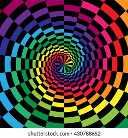 Vector Illustration. Colorful and Black Spirals of the Rectangles Radial Expanding from the Center. Optical Illusion of  Depth and Volume. Suitable for Web Design.