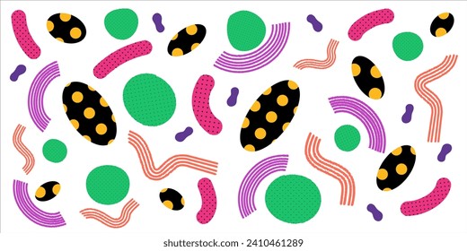 Vector illustration with colorful blob shapes and curves. Black, green, pink, orange and purple freeforms on white backdrop