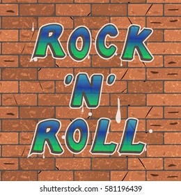 Vector illustration of a colorful blue green lettering on a brown brick wall rock 'n' roll