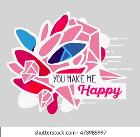 Vector illustration of colorful blue and pink abstract composition with flower and text you make me happy in a white frame on gray background. Flat line art design for web, site, poster, greeting card