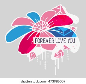 Vector illustration of colorful blue and pink abstract composition with flower and text forever love you in a white frame on gray background. Flat line art design for web, site, poster, greeting card