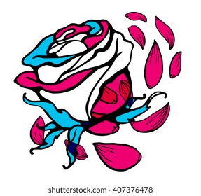 Vector illustration of colorful blue and red abstract composition with flower and petals on white background. Rose flower concept. Line art flat design for web, site, poster, greeting card, t-shirt