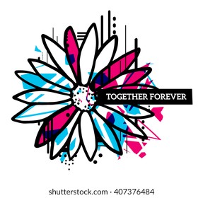 Vector illustration of colorful blue and red abstract composition with flower and text in a black frame on white background. Line art flat design for web, site, poster, greeting card, t-shirt, print