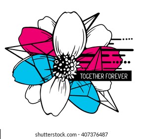 Vector illustration of colorful blue and red abstract composition with flower and text in a black frame on white background. Line art flat design for web, site, poster, greeting card, t-shirt, print