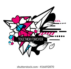 Vector illustration of colorful blue and red abstract composition with flower and text together forever in a black frame on white background. Flat line art design for web, site, poster, card, t-shirt