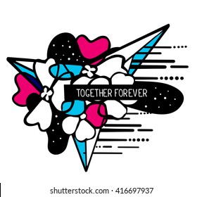 Vector illustration of colorful blue and red abstract composition with flower and text together forever in black frame on white background. Flat line art design for web, poster, greeting card, t-shirt