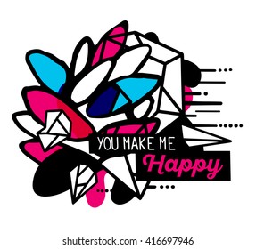 Vector illustration of colorful blue and red abstract composition with flower and text you make me happy in black frame on white background. Flat line art design for web, site, greeting card, t-shirt