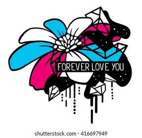 Vector illustration of colorful blue and red abstract composition with flower and text forever love you in a black frame on white background. Flat line art design for web, site, poster, greeting card