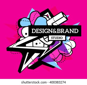 Vector illustration of colorful blue and white abstract composition with black frame and text on pink background. Line art design for web, site, banner, poster, board, card, paper print, t-shirt.