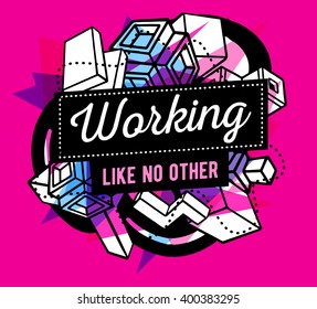 Vector illustration of colorful blue and white abstract composition with black frame and text on pink background. Line art design for web, site, banner, poster, board, card, paper print, t-shirt.