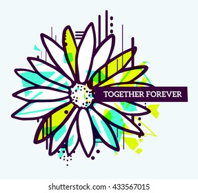 Vector illustration of colorful blue and yellow abstract composition with flower and text in a black frame on white background. Line art flat design for web, site, poster, greeting card, t-shirt