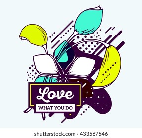 Vector illustration of colorful blue and yellow abstract composition with flower and text in a black frame on white background. Line art flat design for web, site, poster, greeting card, tshirt, print