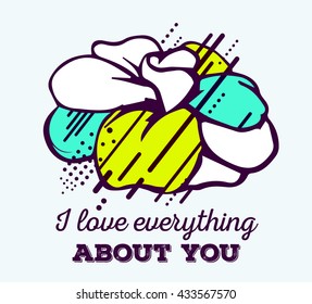 Vector illustration of colorful blue and yellow abstract composition with flower and black text on white background. Line art flat design for web, site, poster, greeting card, t-shirt, print