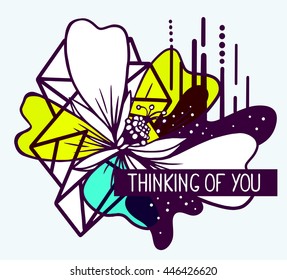 Vector illustration of colorful blue and yellow abstract composition with flower and text thinking of you in a black frame on white background. Flat line art design for poster, greeting card, t-shirt