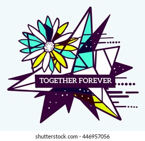 Vector illustration of colorful blue and yellow abstract composition with flower, text together forever in a black frame on white background. Flat line art design for web, site, poster, greeting card