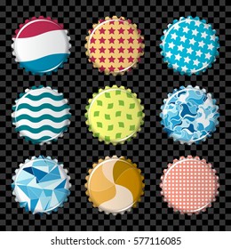 Vector illustration of colorful bottle caps set, decorated with different objects. Isolated caps