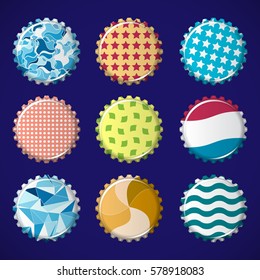 Vector illustration of colorful bottle caps set, decorated with different objects. Isolated caps