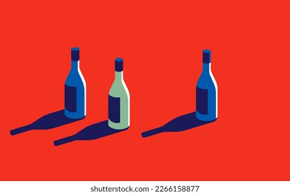 Ilustración vectorial de botellas coloridas sobre un fondo rojo.