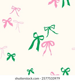 Vector illustration of colorful bow knots and gift bows in a seamless pattern. Hand-drawn bows repeated in a flat style. Bohemian pattern suitable for wedding celebrations, holidays, party decorations