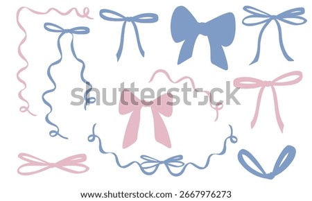 Vector illustration of colorful Bows and ribbons in pastel pink and blue colors. Art of party element for birthday greeting cards or baby shower invitations. Art for or newborn templates.