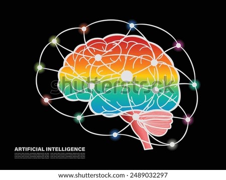 Vector illustration of colorful brain and nodal network, Artificial intelligence concept. 