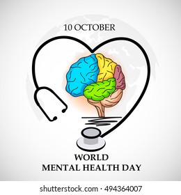 Vector illustration of a Colorful Brain with Stethoscope for World Mental Health Day.