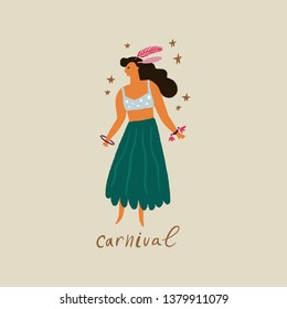 Vector illustration of a colorful Brazil Carnival dancing girl in cartoon style