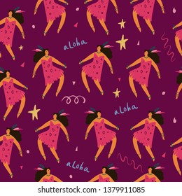 Vector illustration of a colorful Brazil Carnival dancing girls in cartoon style. Seamless pattern