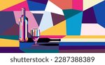 Vector illustration colorful bright bottle of wine and a glass of wine or alcoholic drink.