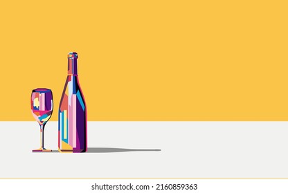 Ilustración vectorial colorida botella de vino brillante y un vaso de vino o bebida alcohólica sobre un fondo amarillo.