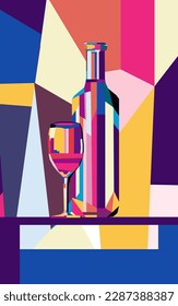 Vector illustration colorful bright bottle of wine and a glass of wine or alcoholic drink.