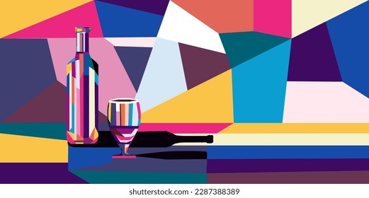 Vector illustration colorful bright bottle of wine and a glass of wine or alcoholic drink. - Shutterstock ID 2287388389
