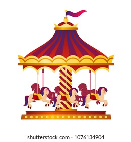 Vector illustration of colorful and bright circus carousel, roundabout with horses, circus concept in cartoon style on white background.