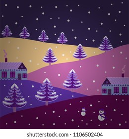 Vector illustration. Colorful bright houses with trees on the hills. Buildings on violet, purple and pink colors.