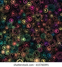 vector illustration of colorful bright spirals on black background for vivid background