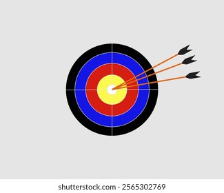 Vector illustration colorful bullseye target with three arrows hitting the center. This design symbolizes accuracy, success and goal achievement, ideal for business, financial or motivational purposes